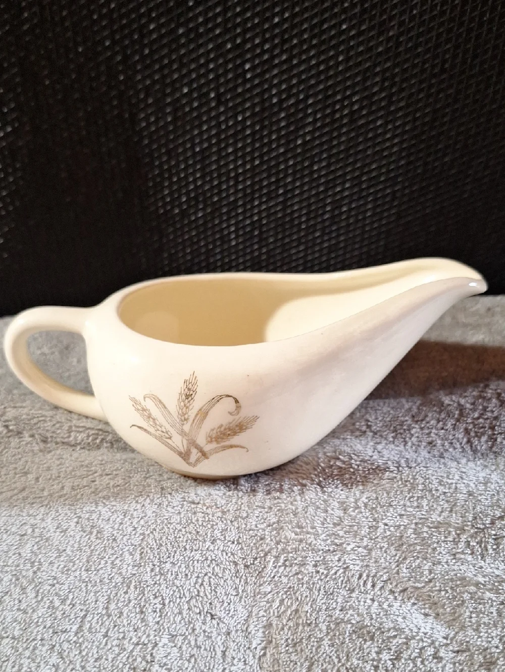 Vintage Cream Ceramic Gravy Boat with Gold Wheat Motif